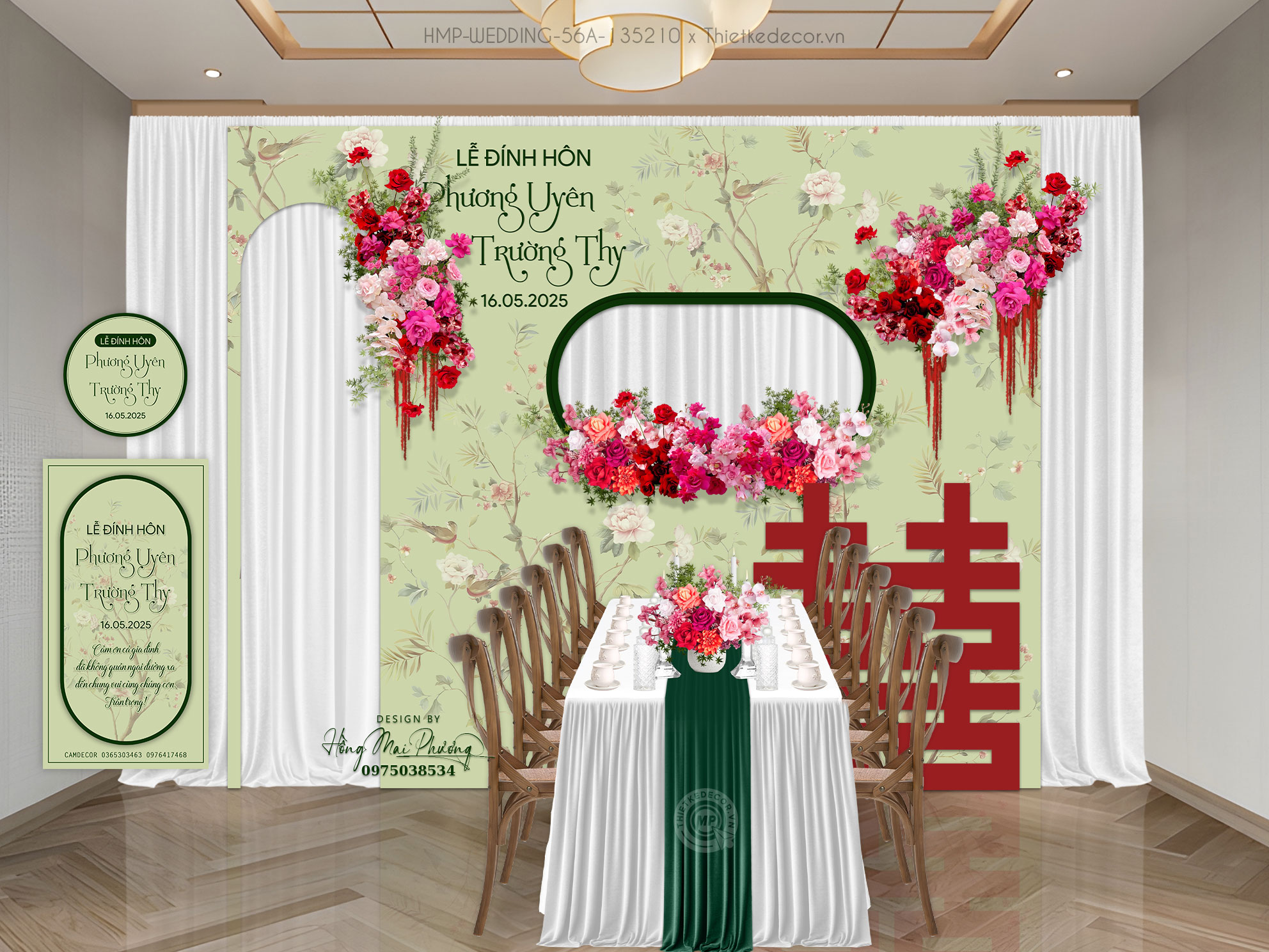 Gia tiên tone xanh hoa văn chim cành kèm chữ Hỷ, tem nước và tag để bàn đồng bộ